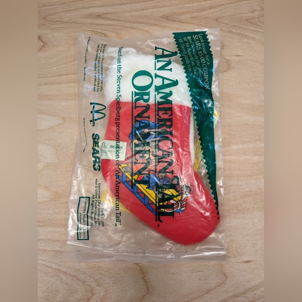 McDonald's 1986 'An American Tale' Fievel On Sled Miniature Christmas Stocking
